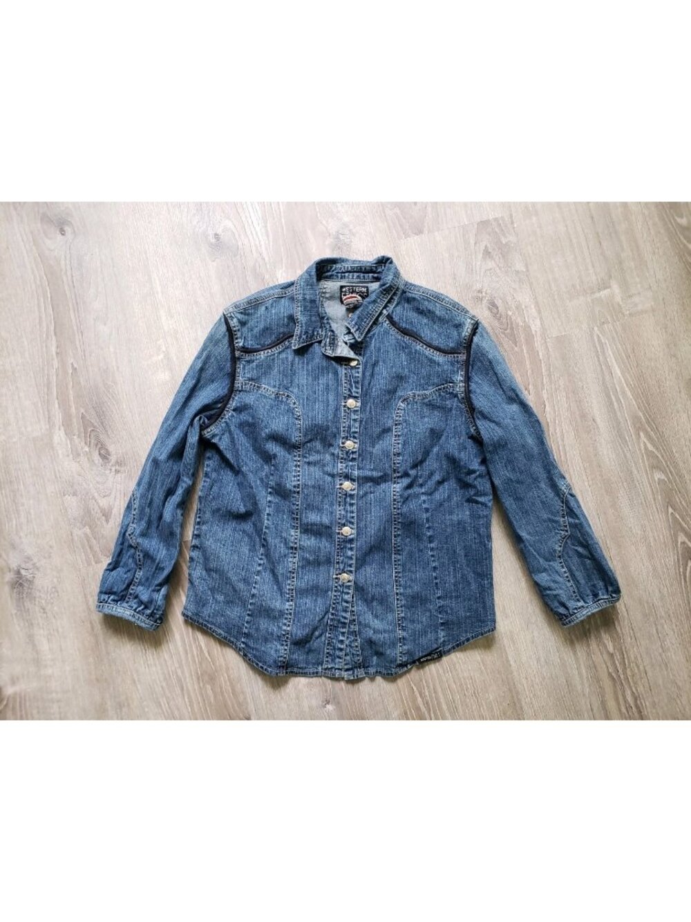VTG Western Ethics Women XL Denim Shirt Button Cross Embroidered Studded Cotton